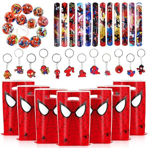 56 Pezzi Spiderman Regalo Compleanno, 12 Braccialetti Slap Bands Spiderman, 12 Portachiavi Spiderman, 12 Distintivi Spiderman, 20 Sacchetti Regalo Spiderman, Regali per Feste di Compleanno per Bambini