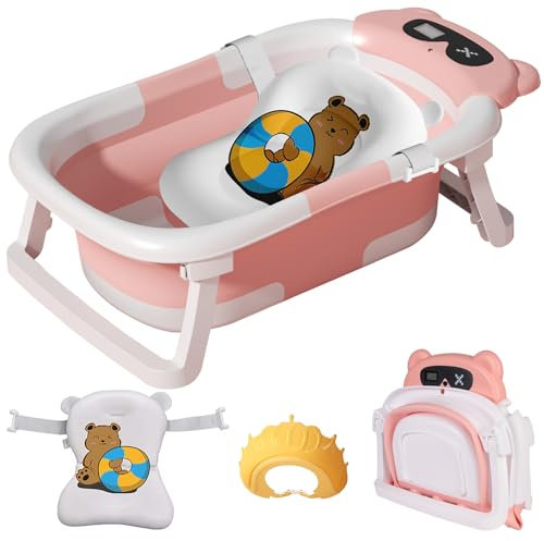 LiveGo Baby Badewanne mit Echtzeit-Temperaturüberwachung, Faltbare Babybadewanne für Neugeborene und Kleinkinder, Tragbare Badewanne mit Rutschfester Sitzmatte, Ideal für 0-36 Monate