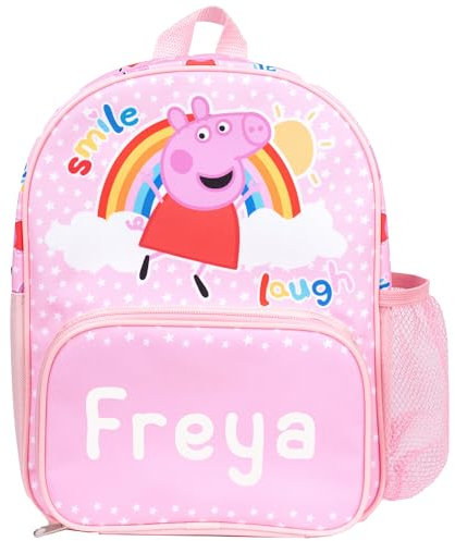 Peppa Pig personalisierter Kinderrucksack für Kleinkinder, Mädchen-Kinderzimmertasche, Netztasche für Wasserflasche und Reißverschlusstaschen vorne, personalisierbar mit jedem Namen