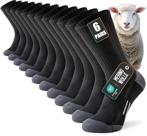 Niorasen Merino Socken Herren, 6 Paar Atmungsaktive Wolle Socken mit Gepolstert, Anti-Blasen Wandersocken für Outdoor Wandern Tennis Laufsport Sportsocken, 43-46 37-42 47-50