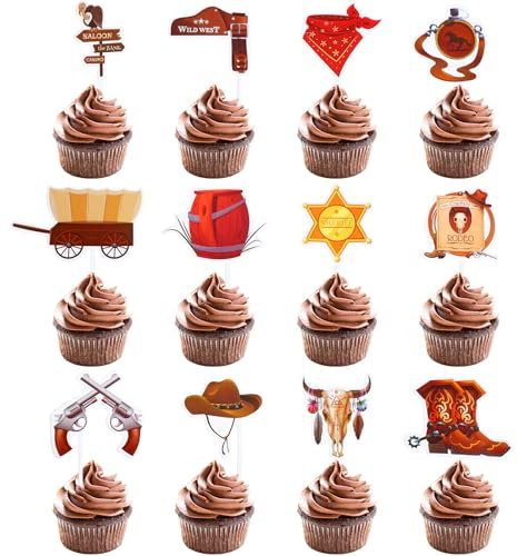 Tyqour 24 Stück Glitter Kuchendekoration für Cowboy Party Happy Birthday Tortendeko Cowboy Geburtstag Party Tortendeko Cowboy Cupcake Tortendekoration Für Mädchen, Kinder, Junge, Herren, Frau