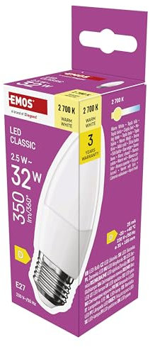 EMOS LED Lampe Candle, 2,5W Ersatz für 32W Glühbirne, Kerzenlampe mit E27 Sockel, Helligkeit 350 lm, Warmweiß 2700 K, 30000 h Lebensdauer, CRI min. 80, 240° Abstrahlwinkel