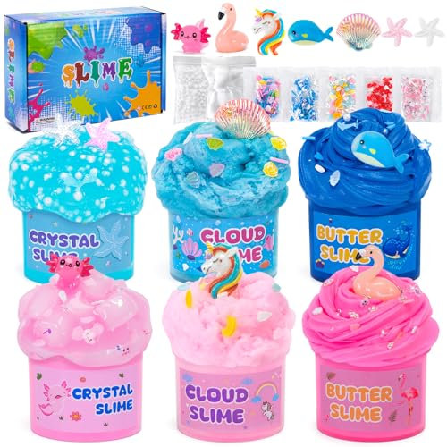 FGZU 6 Paquets Kit Slime Enfant avec Fluffy Cloud Slime, Butter Slime & Clear Slime, Kit de réduction du Stress Slime avec Unicorn Axolotl Charms, Cadeaux d'anniversaire de fête pour Filles Garçons