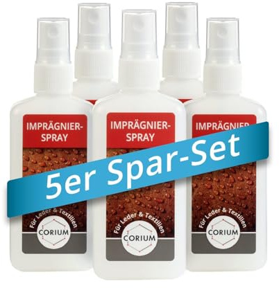 CORIUM Spray impermeabilizante para todos los cueros y textiles, pulverizador de 100 ml, protege contra la humedad, el aceite y la suciedad, para exteriores, 5 x 100 ml