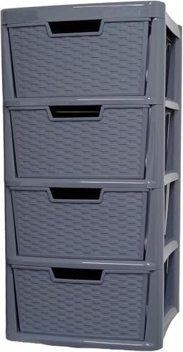 KYY'Z Plastic Storage Drawers Unit Large Grey Rattan Effect 2|3|4 Drawers Tower Home Office Garage Storage School Multi-Purpose Cabinet Drawers Storage Unit (Grey Rattan Style, 4 Drawers Large)
