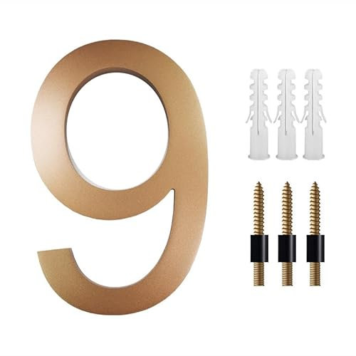 House Numbers 8 Inch Large Floating House Numbers For Outside, 20cm Golden Address Plate Home Numbers Deco With Nail Kits 0-9 ABCD Front Door Numbers(No.9)