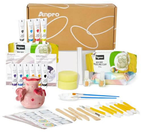 Anpro Home Air Dry Clay Pottery Kit for Beginners,Air Drying Clay Kit for Adults,Pottery Kit Includes:Matte Varnish,Paint,Tool Set,Paintbru