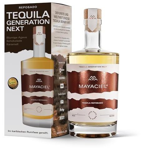 MAYACIEL Tequila Reposado mit Geschenkverpackung – Weltweit einzigartig, zur Perfektion gereift in karibischen Rum-Fässern | 100% Agave & Natürlich | Fruchtige Agave, Karamell & Vanille | 0,5 l