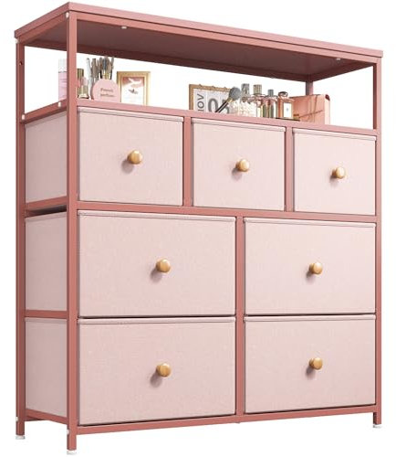 Commode rose avec 7 tiroirs en tissu et cadre en acier robuste idéale pour chambre de fille ou salon