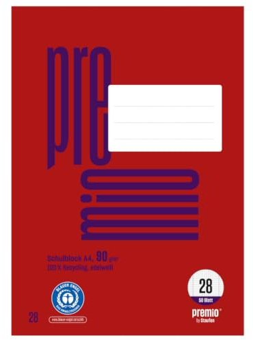 Staufen premio Schulblock - 5 Hefte je 50 Blatt, DIN A4, Lineatur 28 (5 mm kariert), 4-fach Lochung, 90 g/m² Recyclingpapier