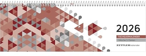 Zettler Tischquerkalender 1W/2S Rot 2026 – Bürokalender 30x10 cm, Wochenkalender mit 1 Woche auf 2 Seiten, 3-sprachigem Kalendarium, Spiralbindung & Stundeneinteilung 7–19 Uhr