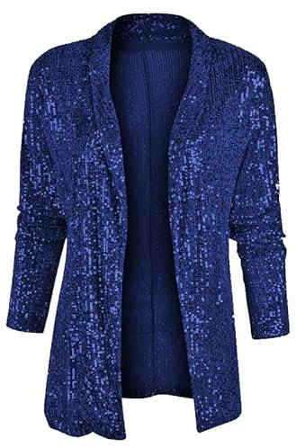 XINGFEN Cardigan Donna Elegante,Blazer con Paillettes da Donna A Maniche Lunghe con Collo A Scialle Cardigan Glitterato Bomber Cappotto Aperto sul Davanti Spolverino per Serate di Ballo Blu Navy L