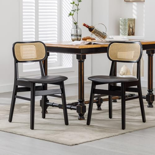 Ya-Home Esszimmerstühle 2er Set PU Leder Küchenstühle mit Rückenlehne Akzentstühle Rattan Polsterstuh mit Massivholzbeinen für Esszimmer/Wohnzimmer/Küche, Schwarz