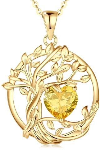FANCIME Collier Pendentif Arbre de Vie Femme, Pendentif Arbre Plaqué Or 14K avec Pierres de Citrine, Bijou Cadeau Anniversaire pour Elle, Longueur de Chaîne : 40+5 cm