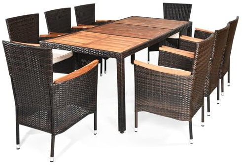 LIFEZEAL 9-teiliges Rattan Gartenmöbel Set, Sitzgruppe mit Gartentisch & 8 Stühlen, Gartenstühle mit Rückenlehne & Kissen, Garten Essgruppe Gartengarnitur für 8 Personen (Braun+Weiß)