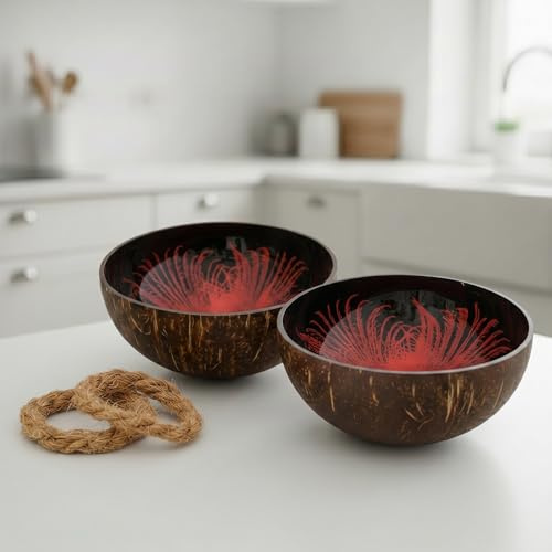 cocovibes Lot de 2 bols en noix de coco - 13 cm - Rouge/noir - Bol à clés