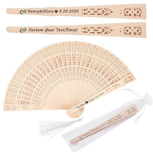 Yecaiyoger 50 Pcs Personalised Wedding Sandalwood Hand Fans Bulk Custom Folding Vintage Hollow Carved Fans with Organza Bags Wedding Party Favor for Guests (50)