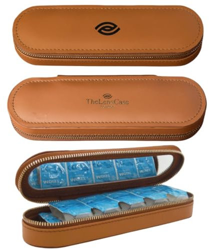 10 Day Luxury Travel Contact Lens Case Certified Full Grain Leather. Quality Stitching. Built in Mirror. Holds 10 Days of Lenses. Supports Most Popular Lenses. Great Gift.