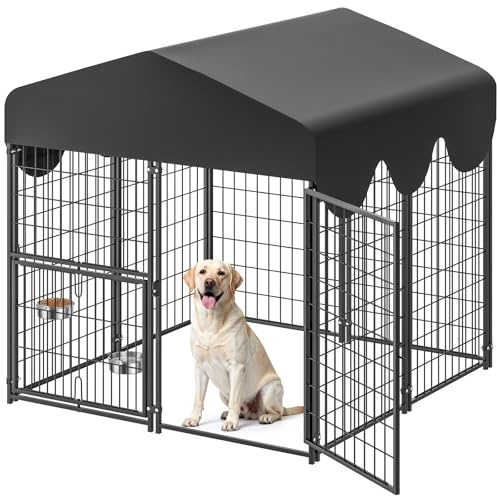 4x4x4.5ft Outdoor Dog Kennel, Metal Heavy Duty Dog Run with Rotating Door & 2 Adjustable Bowls, Dog Kennel Outside with Waterproof Cover, Pet Enclosure Indoor for Small/Medium/Large Dogs