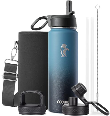 Coolflask 710ml Insulated Water Bottle with Straw & 3 Leakproof Lids | Water Flask Stainless Steel Triple-Wall Vacuum, Cupholder Friendly, Cold 48+h, Dishwasher Safe, Non-BPA, for Gym & Hiking