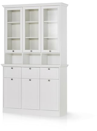 KHG Buffetschrank weiß Drehtüren mit Glaseinsatz 3 Schubkästen 3 offene Fächer 9 höhenverstellbare Einlegeböden Gleitergestell Holzwerkstoff Landhaus Stil