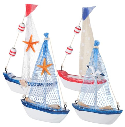 DIYEAH 4pcs Wooden Sailboat Decoration Set Pinewood Craft Beige Canvas and Blue Mesh Nautical Miniature Models for Mediterranean Style Home and Bedroom Display