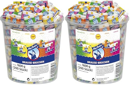 Frigeo Ahoj-Brause Ahoj-Brause Brause-Brocken–extra große Brause-Stücke in vier prickelnden, süß-sauren Geschmacksrichtungen, Brause-Würfel einzeln verpackt, im Vorrats-Pack, 200 Stück im 1,6 kg Eimer