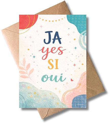 WBdesignz Hochzeit Karte mit Umschlag - Moderne Glückwunschkarte zur Hochzeit, Trauung, Verlobung für Freunde und Familie - „JA YES SI OUI“ - Stilvolles Hochzeitsgeschenk (DIN A6)