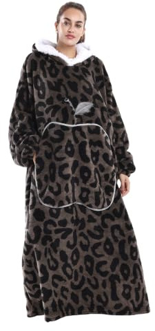 Yzehomijia Lange Hoodie Decke mit Ärmeln für Damen & Erwachsene - Kuscheldecke mit Ärmeln - Weiche & Warme Decke zum Anziehen als Geschenk für Damen Herren. (Brown Leopard Print)