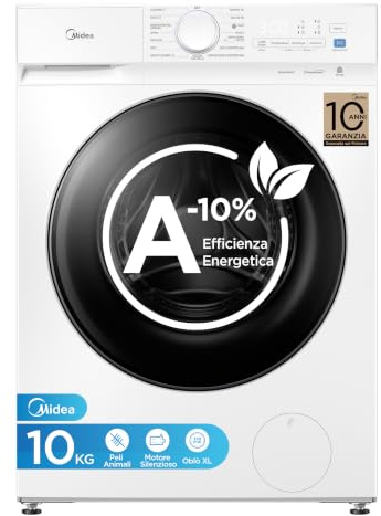 Midea Lavatrice 10 kg Classe A-10% 1400 Giri Silent Inverter Motor | Vapore Igienizzante, Rimozione Peli Animali e Programma Sport per Famiglie Numerose e Grandi Carichi di Bucato MFV3EW100BA10
