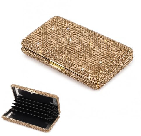 Cuxawamiyo Porte-Cartes Femme Or, Élégant Porte-Cartes de Crédit avec Strass Métallique, Étui Mince pour Cartes de Crédit, Cartes de Visite et Cartes de Chèque, Housse de Cartes Brillante pour Sac à