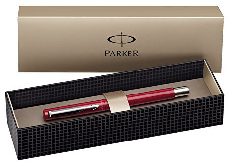 Parker Vector Stainless Steel Trim Fountain Pen with Medium Nib, Gift Box - Red
