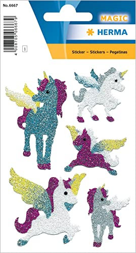 HERMA 6667 Aufkleber Einhorn Glitzer klein groß, 5 Stück, Tiere Sticker mit Flügel Einhörner Motiv, Kinder Etiketten für Fotoalbum Tagebuch Poesiealbum Scrapbooking Geburtstag Deko Briefe DIY Basteln