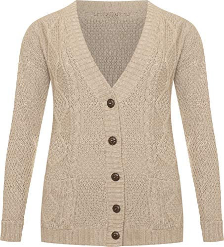WearAll Womens Cable Knitted Button Cardigan Long Sleeve Ladies Boyfriend Top - Stone - 12/14