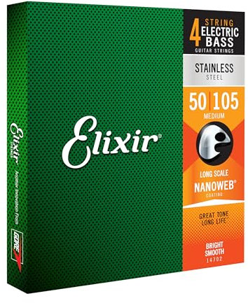 Elixir® Saiten Stainless-Steel 4-str. E-Basssaiten mit NANOWEB® Beschichtung, Long Scale, Medium (.050-.105)