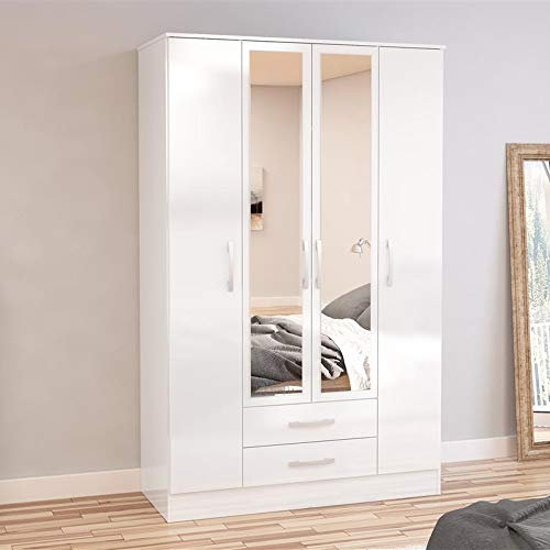 Happy Beds Lynx 4 Door Combination Mirrored Wardrobe Bedroom Furniture Storage White