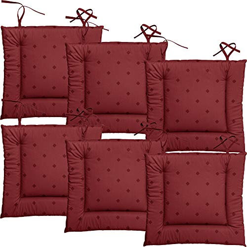 Erwin Müller abwaschbares Stuhlkissen, Sitzkissen mit Bindeband 6er-Pack Neuss im Rautendesign, Burgund Größe 38x41 cm - acrylversiegeltes Gewebe für leichtes Wischen (weitere Farben)