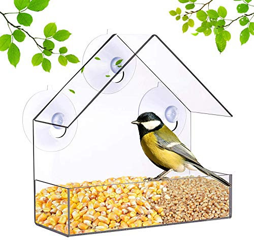 Lifreer Window Bird Feeder with Strong Suction Cups Plastic Wild Bird Feeder House Clear Bird Seed Feeders for Garden Outdoor