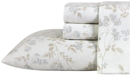 Laura Ashley - Flannel Sheets King Size, Anti-Pilling & Wrinkle Resistant Cotton, Touchably Soft for All-Season Comfort - Bed Sheets with Matching PIllowcasess & Fitted Sheet (Fawna Grey)