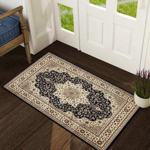 renoazul® Traditional Door Mats Indoor With Jute Back - Rome Black Floor Mat - 60 x 110 cm - Washable Door Mat, Bedside Rug and Kitchen Small Rug
