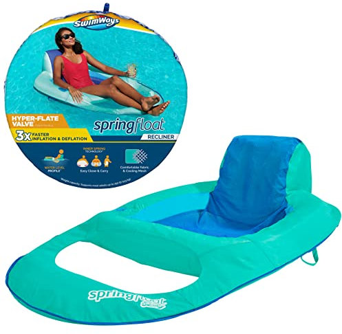 SwimWays Spring Float Recliner Pool Lounge Chair with Hyper-Flate Valve, Aqua