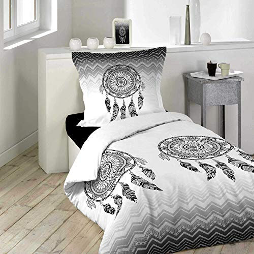 Dynamic24 2tlg. Bettwäsche 140x200cm Mandala 100% Baumwolle Bett Decke Bezug Decke schwarz weiß Bettwäscheset Kissenbezug Bettdeckenbezug modern und pflegeleicht