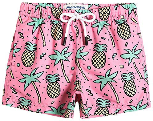 MaaMgic Short de Bains D'Ete Garcons Filles Carton Dinasaure avec Slip Filet Maillot de Bain Enfant a la Plage, Rose Ananas, 14-16 Ans