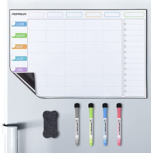 POPRUN Planificador Semanal Magnetico para Nevera, Pizarra Calendario Familiar Semanal Frigorifico, A3 Organizador Calendario semanal, Planificador de Menú, Limpiable, 43×28 cm - en Español