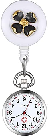 Avaner Krankenschwesteruhr Schwarze Blume Pflegeruhr FOB Analog Quarzwerk pulsuhr Ansteckuhr Unisex Silver schwesternuhren mit Pin/Clip Set ausziehbar Arzt Doktor Medical Taschenuhr