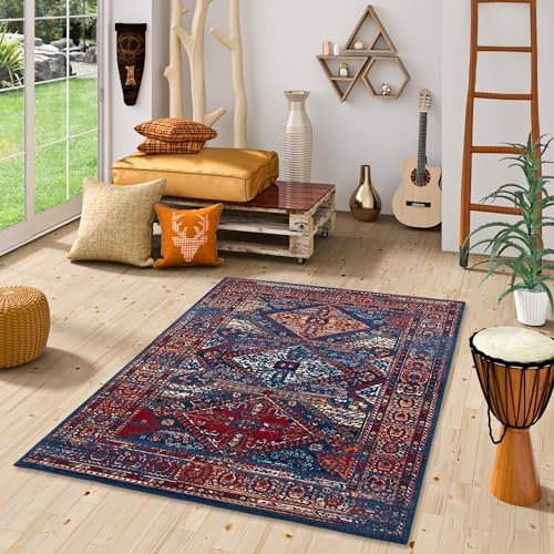 Pergamon Designer Teppich Pop-Vintage Orient Blau Rot Bordüre in 5 Größen