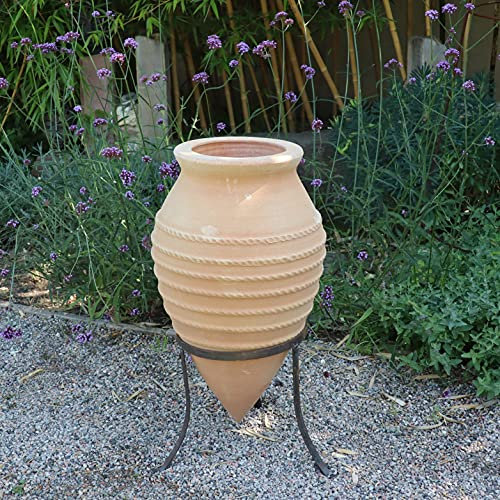 Grand pot de fleurs en terre cuite avec support en métal - Résistant au gel - 60 cm - Fabriqué à la main et résistant au gel - Idéal pour jardin, balcon, terrasse