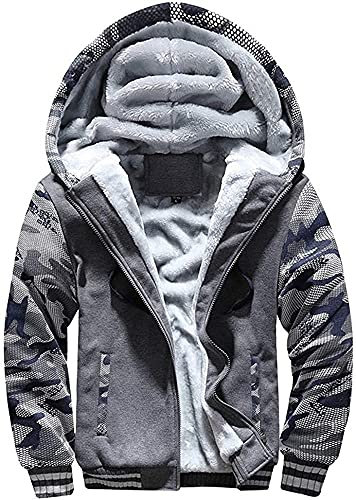 LEZUAN Felpa con Cappuccio Uomo Inverno Caldo Hoodie con Cerniera Integrale Felpe Uomo Manica Lunga Pullover Giacca di Spessore Cappotto in Pile Foderato(Grigio Mimetico,M)