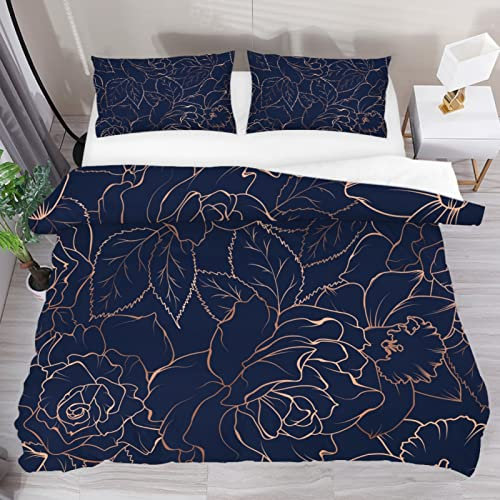 MisikaEU 3 Pieces Polyester Duvet Cover Set,100% Natural Fabric Bedding, Chic Elegant Rose Gold Navy Blue Pattern Morden Style With Zipper Closure