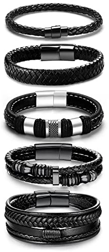 LOWNOUR Black Leather Bracelets for Men Women 5pcs Mens Bracelet Leather and Steel Braided Cuff Bracelets (A- 8.7inch)